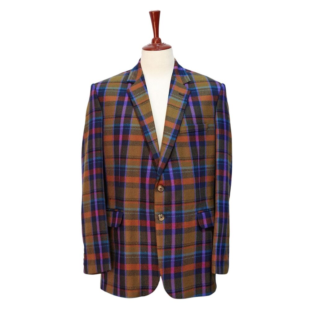 Mens Wool Sport Coat 44R Brown Purple Plaid Blazer 2 Button Wedding Formal Party
